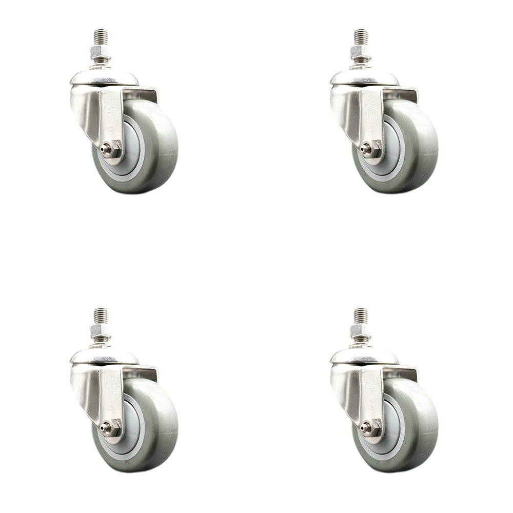 Polyurethane Swivel Stem Caster Set of 4 with 3.5 Inch Gray Caster Wheels - 12mm Metric Threaded Stems - 316 Stainless Steel Casters - Includes 4 Swivel Casters - Service Caster Brand — photo 1