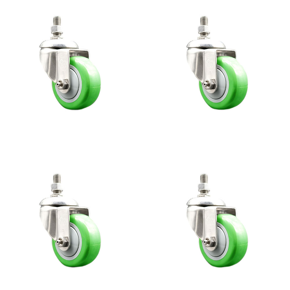 Polyurethane Swivel Stem Caster Set of 4 with 3 Inch Green Caster Wheels - 12mm Metric Threaded Stems - 316 Stainless Steel Casters - Includes 4 Swivel Casters - Service Caster Brand — photo 1
