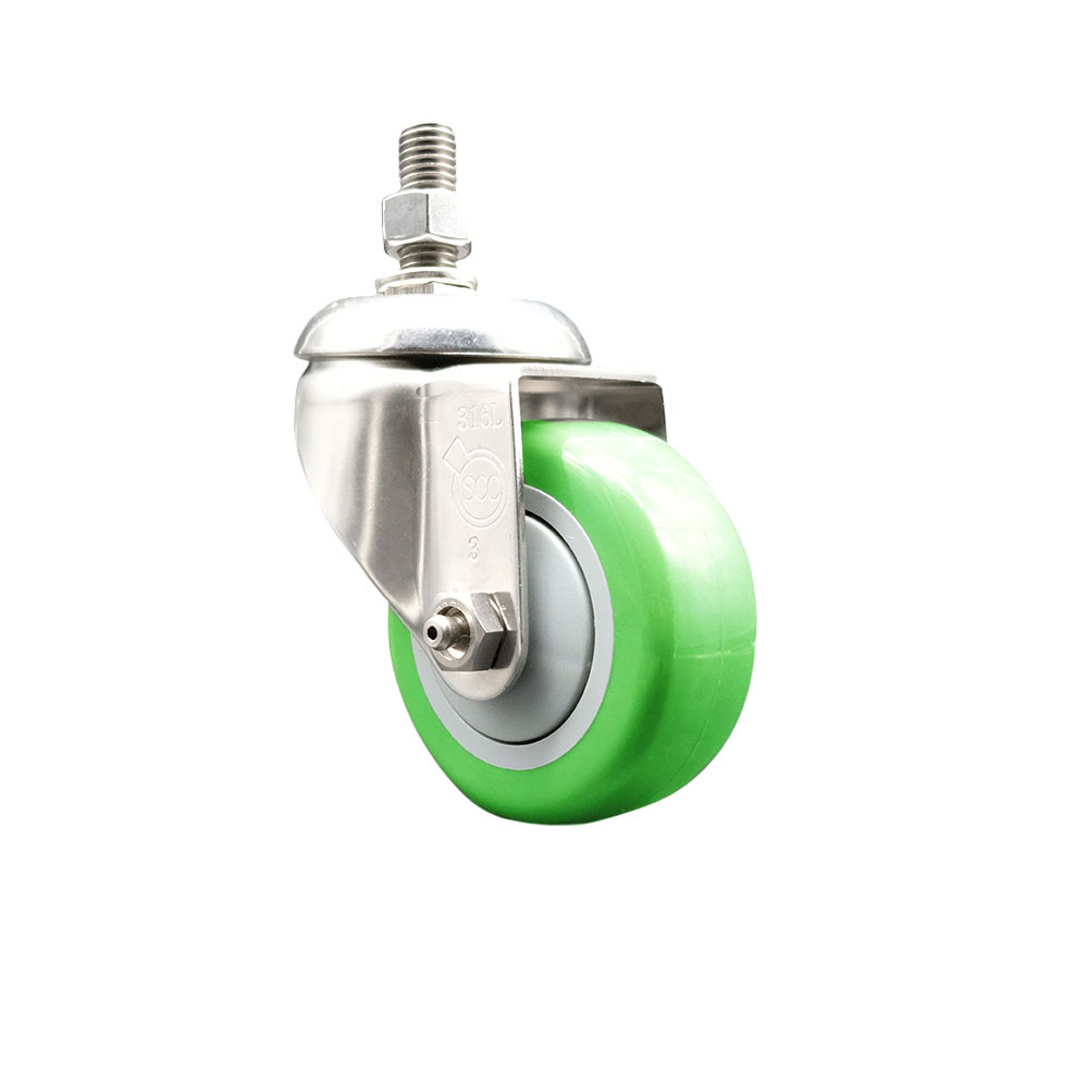 Polyurethane Swivel Stem Caster with 3.5 Inch Green Caster Wheel - 12mm Metric Threaded Stem - 316 Stainless Steel Caster - 300 lbs. Capacity Per Caster - Service Caster Brand — photo 1