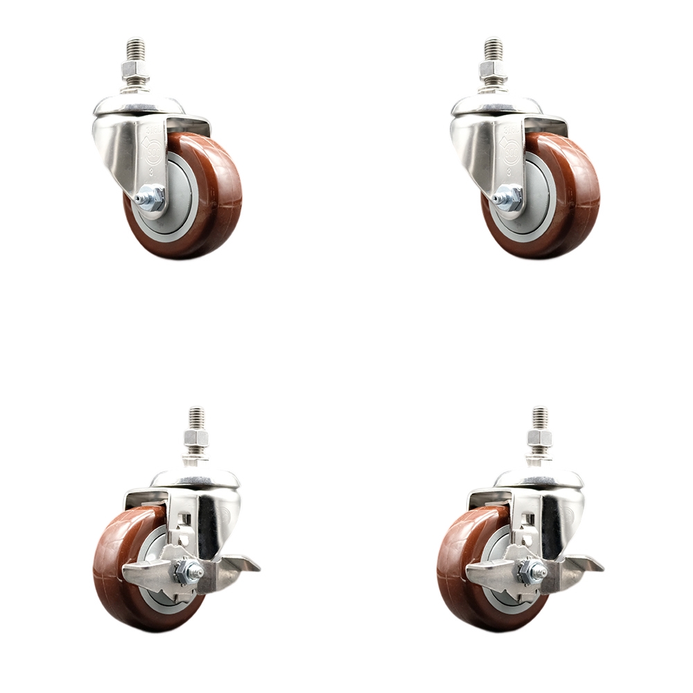 Poly Swivel Stem Caster Set of 4 with 3 Inch Maroon Caster Wheels - 1/2" Threaded Stems - 316 Stainless Steel Casters - Includes 2 Swivel Casters with Top Lock Brakes and 2 Swivel-Service Caster Brand — photo 1