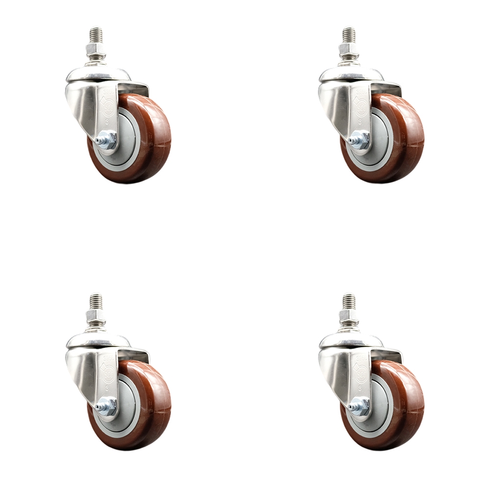 Polyurethane Swivel Stem Caster Set of 4 with 3 Inch Maroon Caster Wheels - 1/2" Threaded Stems - 316 Stainless Steel Casters - Includes 4 Swivel Casters - Service Caster Brand — photo 1