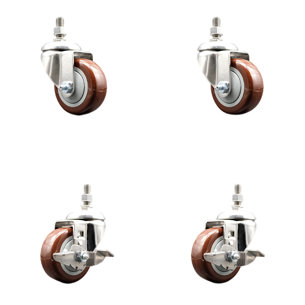 Poly Swivel Stem Caster Set of 4 with 3 Inch Maroon Caster Wheels - 3/8" Threaded Stems - 316 Stainless Steel Casters - Includes 2 Swivel Casters with Top Lock Brakes and 2 Swivel-Service Caster Brand — photo 1