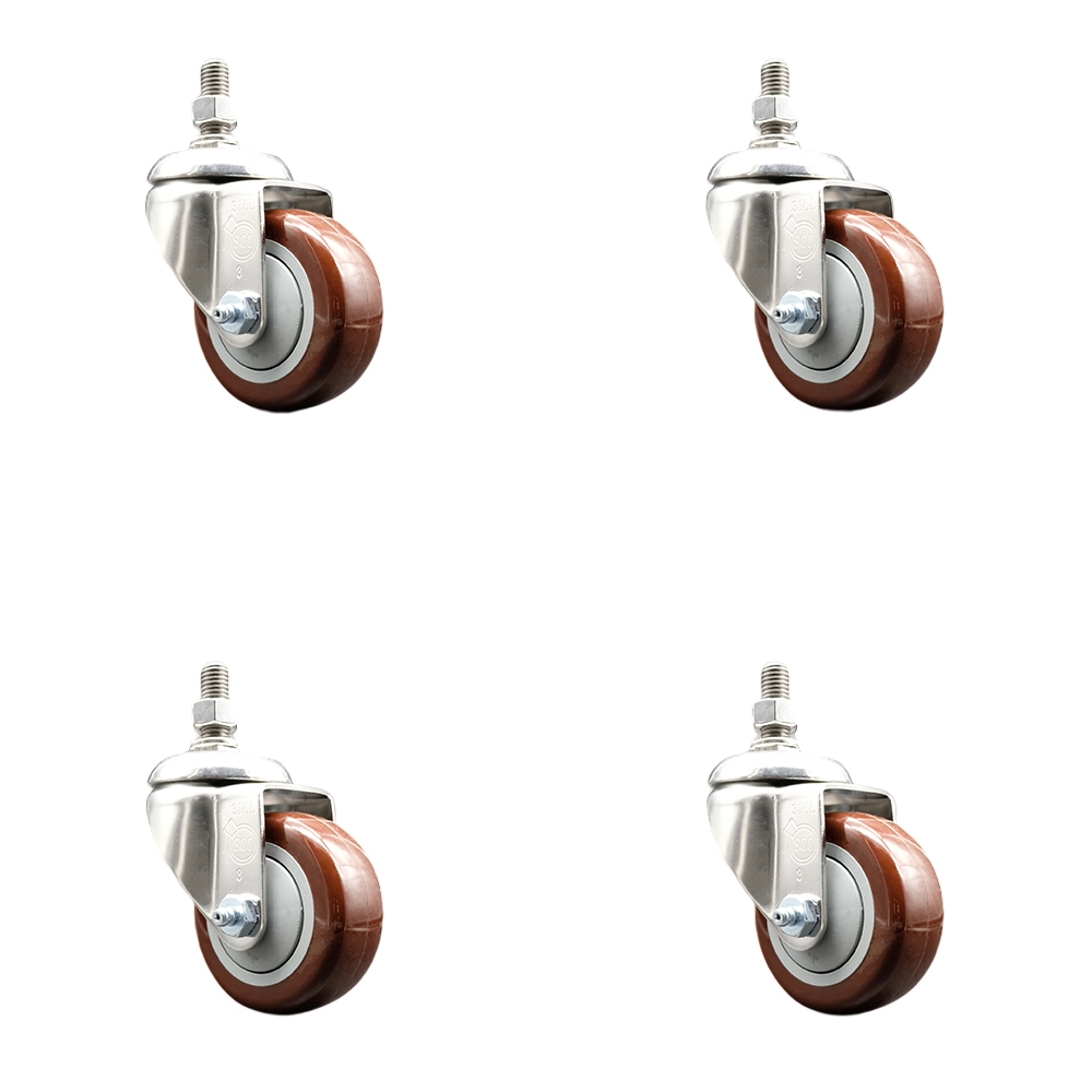 Polyurethane Swivel Stem Caster Set of 4 with 3 Inch Maroon Caster Wheels - 3/8" Threaded Stems - 316 Stainless Steel Casters - Includes 4 Swivel Casters - Service Caster Brand — photo 1