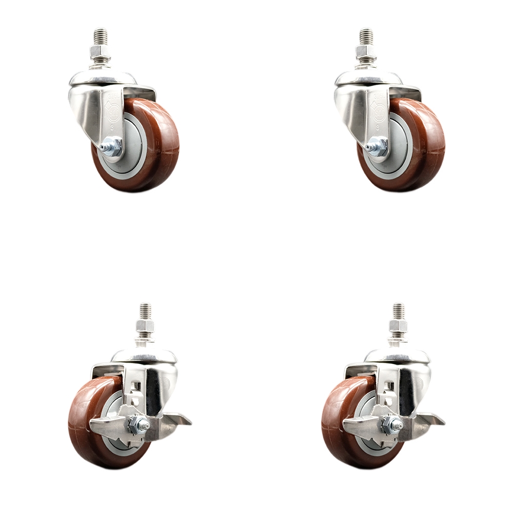Poly Swivel Stem Caster Set of 4 with 3 Inch Maroon Caster Wheels-10mm Metric Threaded Stems-316 Stainless Steel Casters-Includes 2 Swivel Casters with Top Lock Brake and 2 Swivel-Service Caster Brand — photo 1