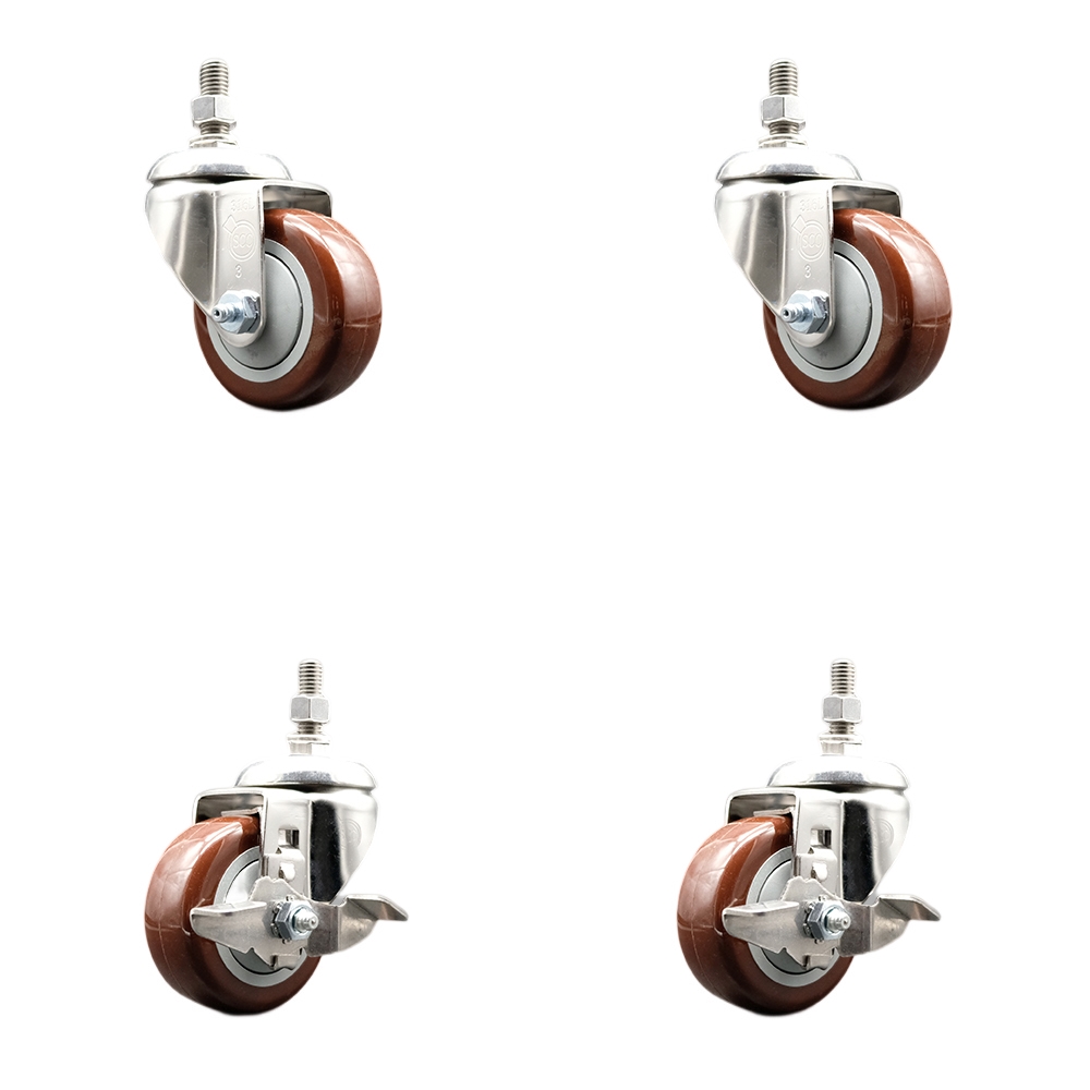 Poly Swivel Stem Caster Set of 4 with 3.5 Inch Maroon Caster Wheels-12mm Metric Threaded Stems-316 Stainless Steel Caster-Include 2 Swivel Casters with Top Lock Brake and 2 Swivel-Service Caster Brand — photo 1