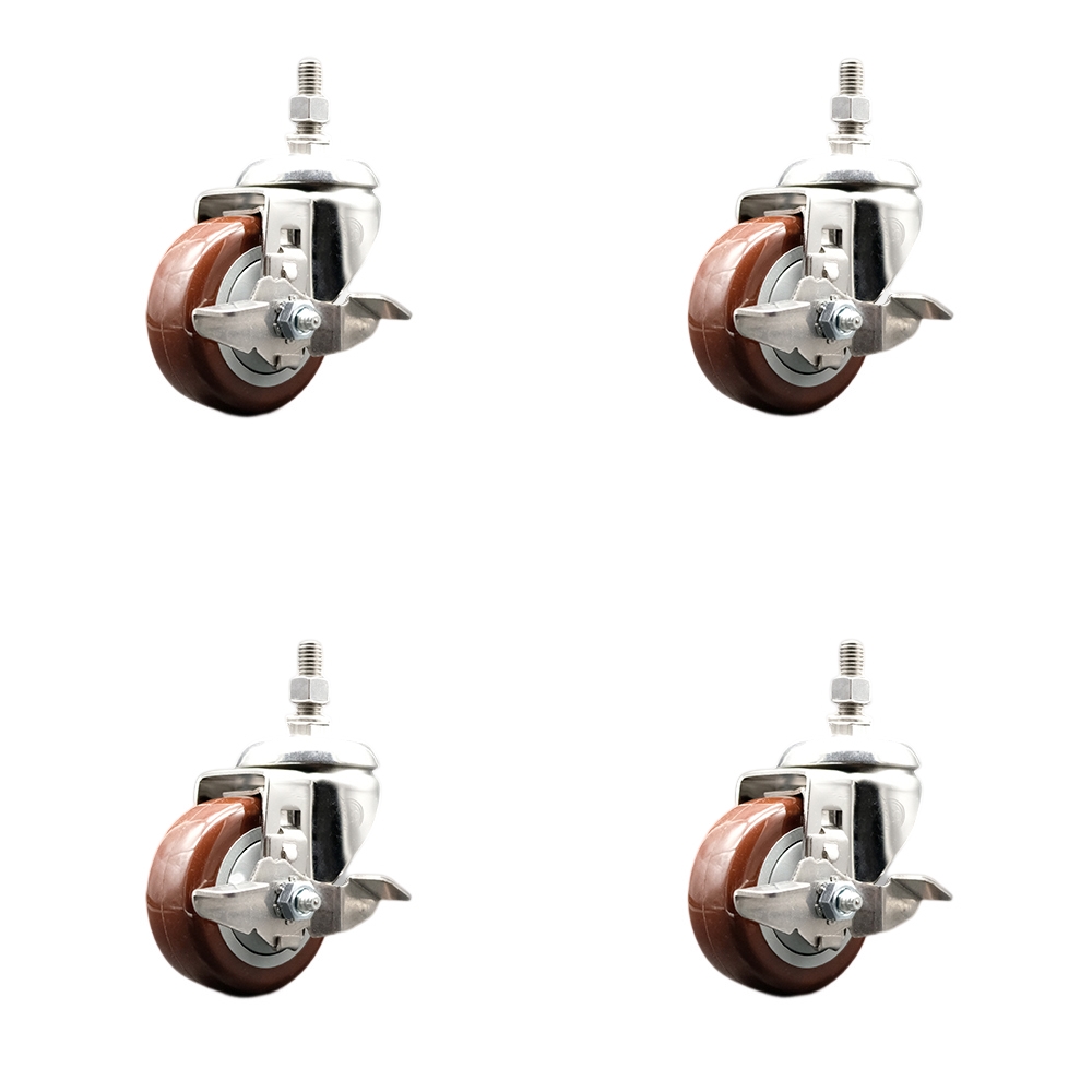 Polyurethane Swivel Stem Caster Set of 4 with 3 Inch Maroon Caster Wheels - 1/2" Threaded Stems - 316 Stainless Steel Casters - Includes 4 Swivel Casters with Top Lock Brakes - Service Caster Brand — photo 1