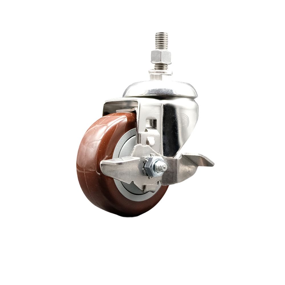 Polyurethane Swivel Stem Caster with 3.5 Inch Maroon Caster Wheel and Top Lock Brake - 1/2" Threaded Stem - 316 Stainless Steel Caster - 300 lbs. Capacity Per Caster - Service Caster Brand — photo 1