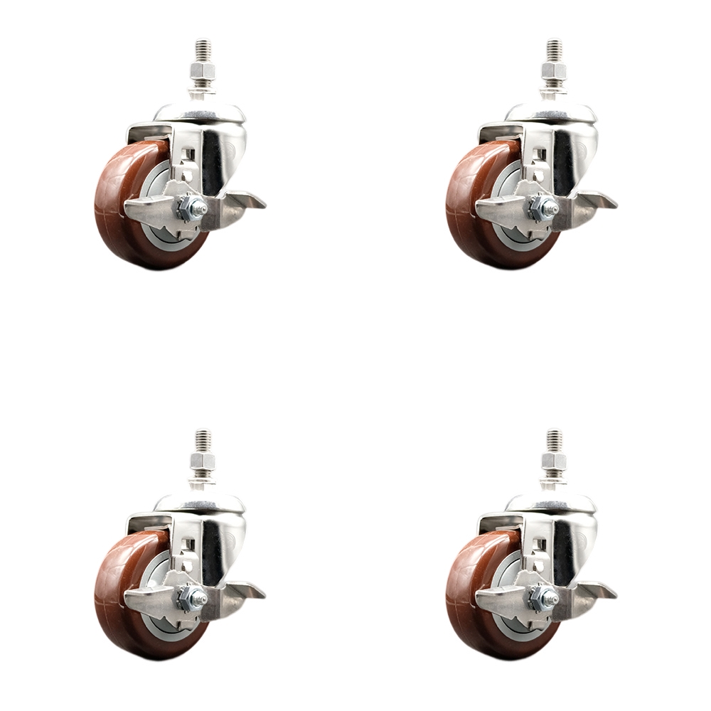 Polyurethane Swivel Stem Caster Set of 4 with 3 Inch Maroon Caster Wheels - 3/8" Threaded Stems - 316 Stainless Steel Casters - Includes 4 Swivel Casters with Top Lock Brakes - Service Caster Brand — photo 1