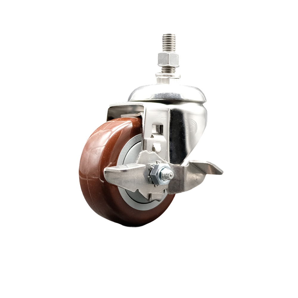Polyurethane Swivel Stem Caster with 3.5 Inch Maroon Caster Wheel and Top Lock Brake - 10mm Metric Threaded Stem - 316 Stainless Steel Caster - 300 lbs. Capacity Per Caster - Service Caster Brand — photo 1
