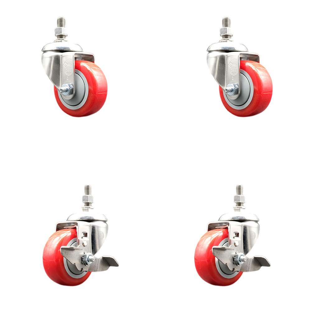 Poly Swivel Stem Caster Set of 4 with 3.5 Inch Red Caster Wheels - 1/2" Threaded Stems - 316 Stainless Steel Casters -Includes 2 Swivel Casters with Top Lock Brakes and 2 Swivel-Service Caster Brand — photo 1