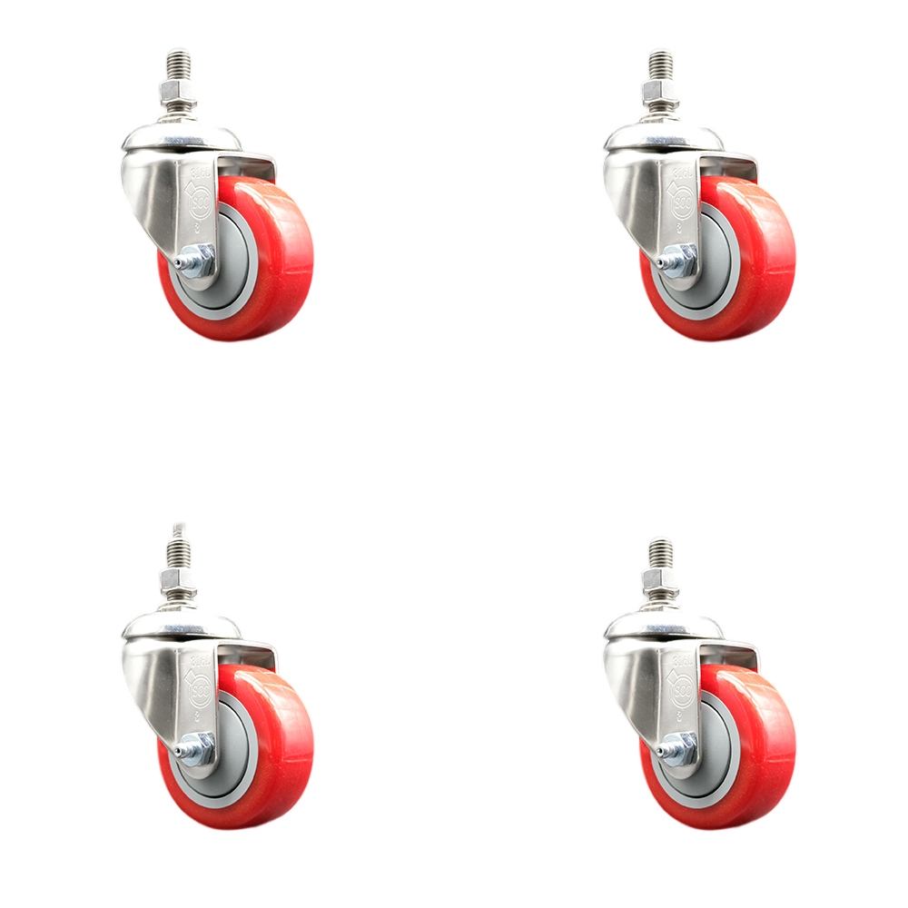 Polyurethane Swivel Stem Caster Set of 4 with 3.5 Inch Red Caster Wheels - 1/2" Threaded Stems - 316 Stainless Steel Casters - Includes 4 Swivel Casters - Service Caster Brand — photo 1