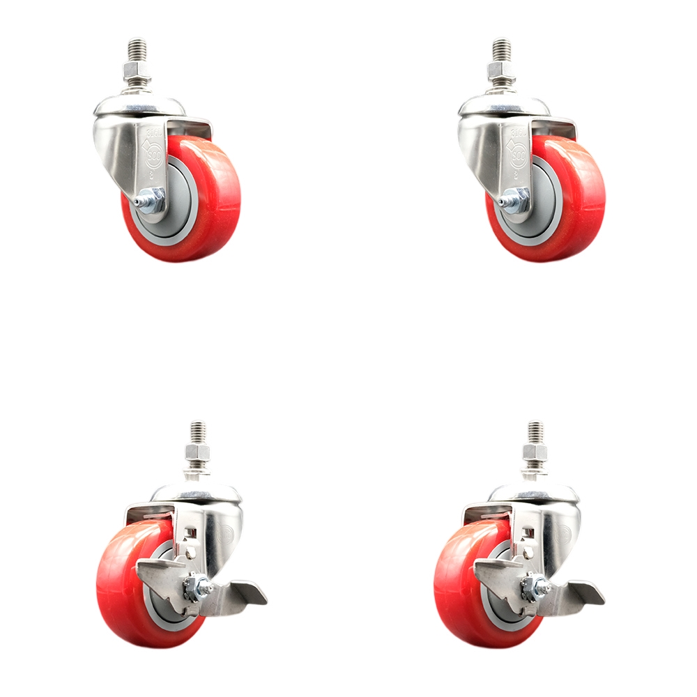 Poly Swivel Stem Caster Set of 4 with 3.5 Inch Red Caster Wheels - 3/8" Threaded Stems - 316 Stainless Steel Casters -Includes 2 Swivel Casters with Top Lock Brakes and 2 Swivel-Service Caster Brand — photo 1