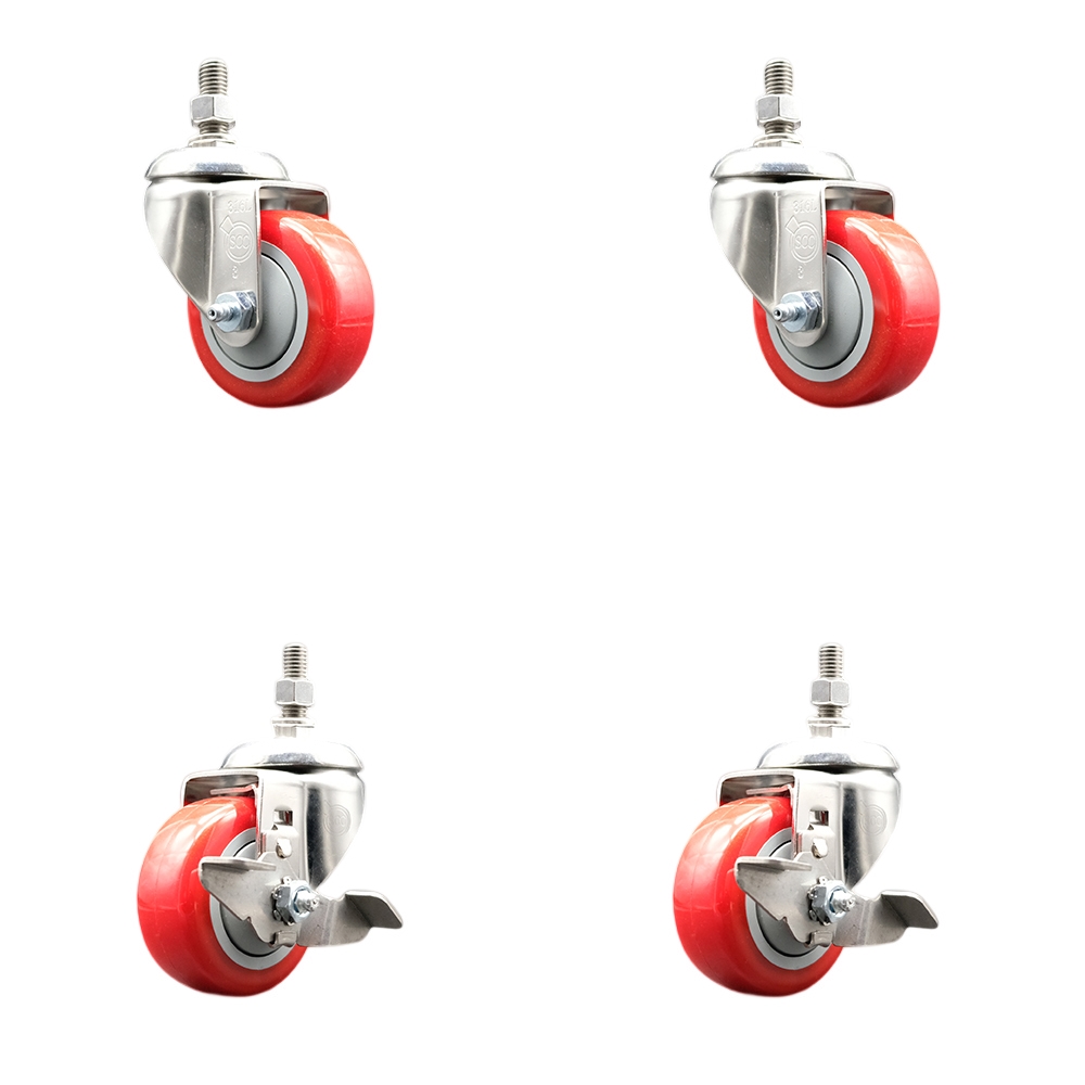 Poly Swivel Stem Caster Set of 4 with 3 Inch Red Caster Wheels-10mm Metric Threaded Stems-316 Stainless Steel Casters-Includes 2 Swivel Casters with Top Lock Brakes and 2 Swivel-Service Caster Brand — photo 1