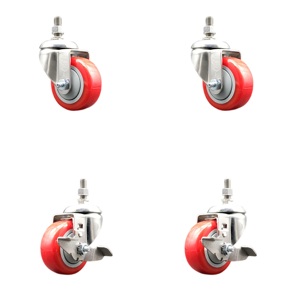 Poly Swivel Stem Caster Set of 4 with 3 Inch Red Caster Wheels-12mm Metric Threaded Stems-316 Stainless Steel Casters-Includes 2 Swivel Casters with Top Lock Brakes and 2 Swivel-Service Caster Brand — photo 1