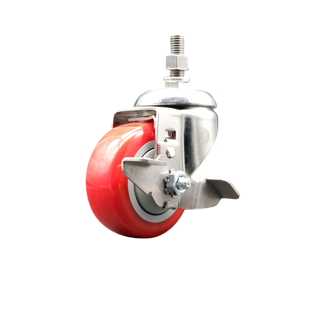 Polyurethane Swivel Stem Caster with 3.5 Inch Red Caster Wheel and Top Lock Brake - 1/2" Threaded Stem - 316 Stainless Steel Caster - 300 lbs. Capacity Per Caster - Service Caster Brand — photo 1