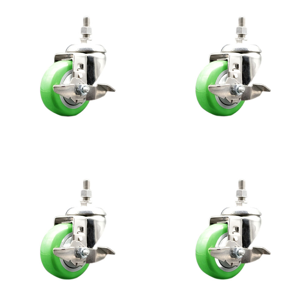Polyurethane Swivel Stem Caster Set of 4 with 3.5 Inch Green Caster Wheels - 1/2" Threaded Stems - 316 Stainless Steel Casters - Includes 4 Swivel Casters with Top Lock Brakes - Service Caster Brand — photo 1
