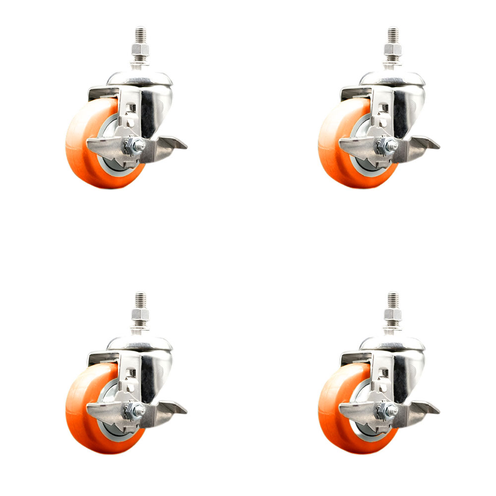 Polyurethane Swivel Stem Caster Set of 4 with 3.5 Inch Orange Caster Wheels - 1/2" Threaded Stems - 316 Stainless Steel Casters - Includes 4 Swivel Casters with Top Lock Brakes - Service Caster Brand — photo 1