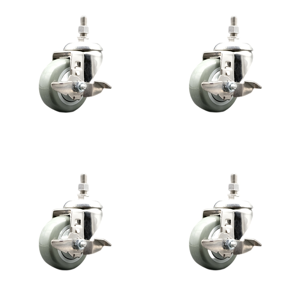 Polyurethane Swivel Stem Caster Set of 4 with 3 Inch Gray Caster Wheels - 1/2" Threaded Stems - 316 Stainless Steel Casters - Includes 4 Swivel Casters with Top Lock Brakes - Service Caster Brand — photo 1
