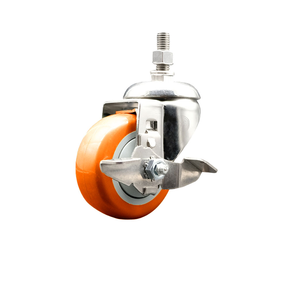 Polyurethane Swivel Stem Caster with 3.5 Inch Orange Caster Wheel and Top Lock Brake - 1/2" Threaded Stem - 316 Stainless Steel Caster - 300 lbs. Capacity Per Caster - Service Caster Brand — photo 1