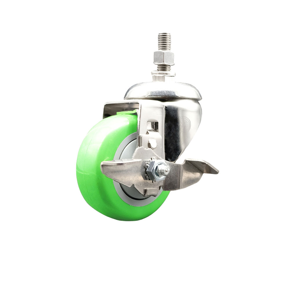 Polyurethane Swivel Stem Caster with 3.5 Inch Green Caster Wheel and Top Lock Brake - 1/2" Threaded Stem - 316 Stainless Steel Caster - 300 lbs. Capacity Per Caster - Service Caster Brand — photo 1