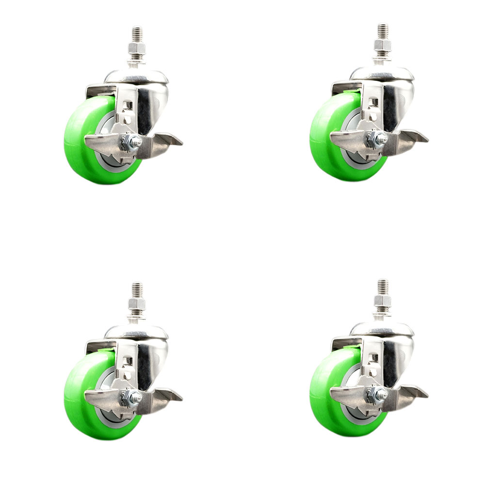 Polyurethane Swivel Stem Caster Set of 4 with 3 Inch Green Caster Wheels - 3/8" Threaded Stems - 316 Stainless Steel Casters - Includes 4 Swivel Casters with Top Lock Brakes - Service Caster Brand — photo 1