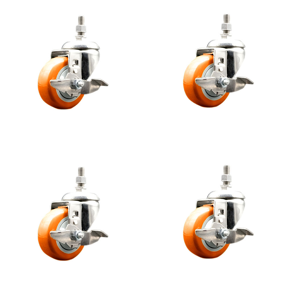 Polyurethane Swivel Stem Caster Set of 4 with 3.5 Inch Orange Caster Wheels - 3/8" Threaded Stems - 316 Stainless Steel Casters - Includes 4 Swivel Casters with Top Lock Brakes - Service Caster Brand — photo 1