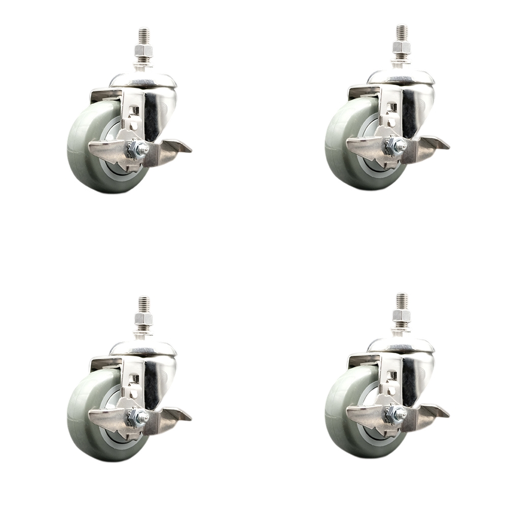 Polyurethane Swivel Stem Caster Set of 4 with 3 Inch Gray Caster Wheels - 3/8" Threaded Stems - 316 Stainless Steel Casters - Includes 4 Swivel Casters with Top Lock Brakes - Service Caster Brand — photo 1