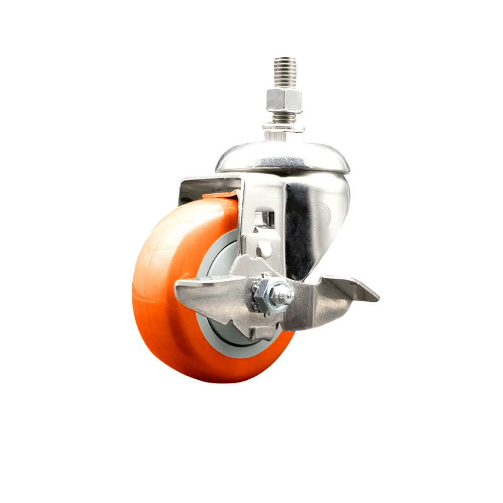 Polyurethane Swivel Stem Caster with 3.5 Inch Orange Caster Wheel and Top Lock Brake - 3/8" Threaded Stem - 316 Stainless Steel Caster - 300 lbs. Capacity Per Caster - Service Caster Brand — photo 1