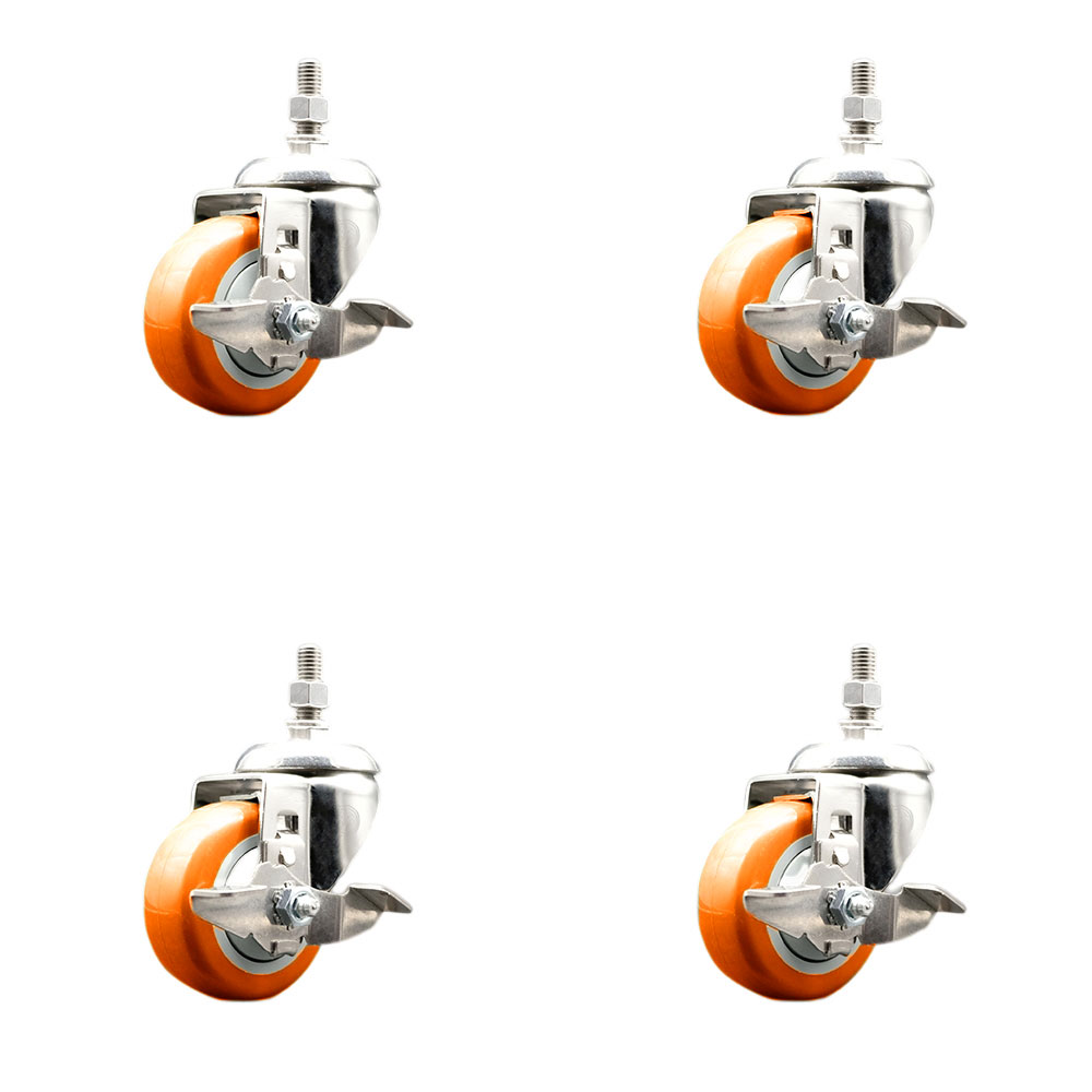 Polyurethane Swivel Stem Caster Set of 4 with 3.5 Inch Orange Caster Wheels - 10mm Metric Threaded Stems-316 Stainless Steel Casters-Includes 4 Swivel Casters with Top Lock Brakes-Service Caster Brand — photo 1