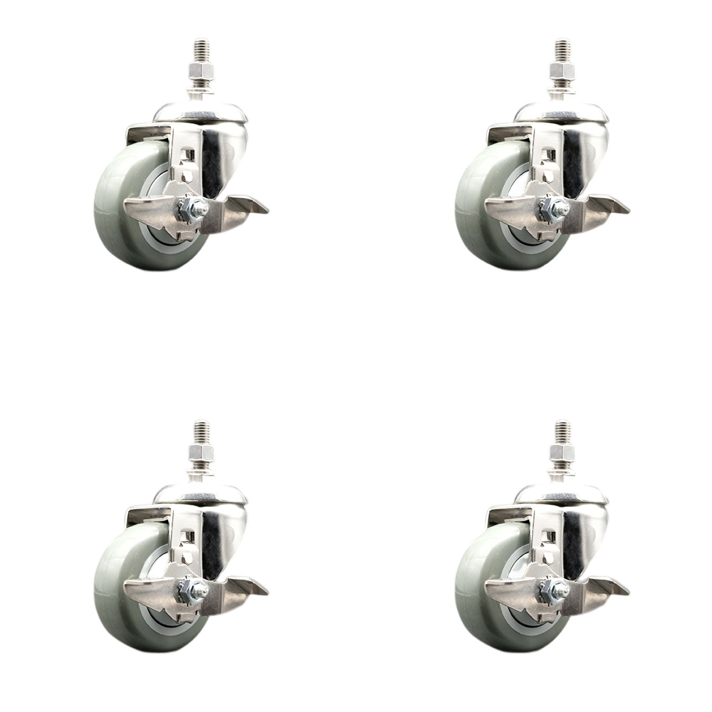 Polyurethane Swivel Stem Caster Set of 4 with 3 Inch Gray Caster Wheels - 10mm Metric Threaded Stems - 316 Stainless Steel Casters -Includes 4 Swivel Casters with Top Lock Brakes-Service Caster Brand — photo 1