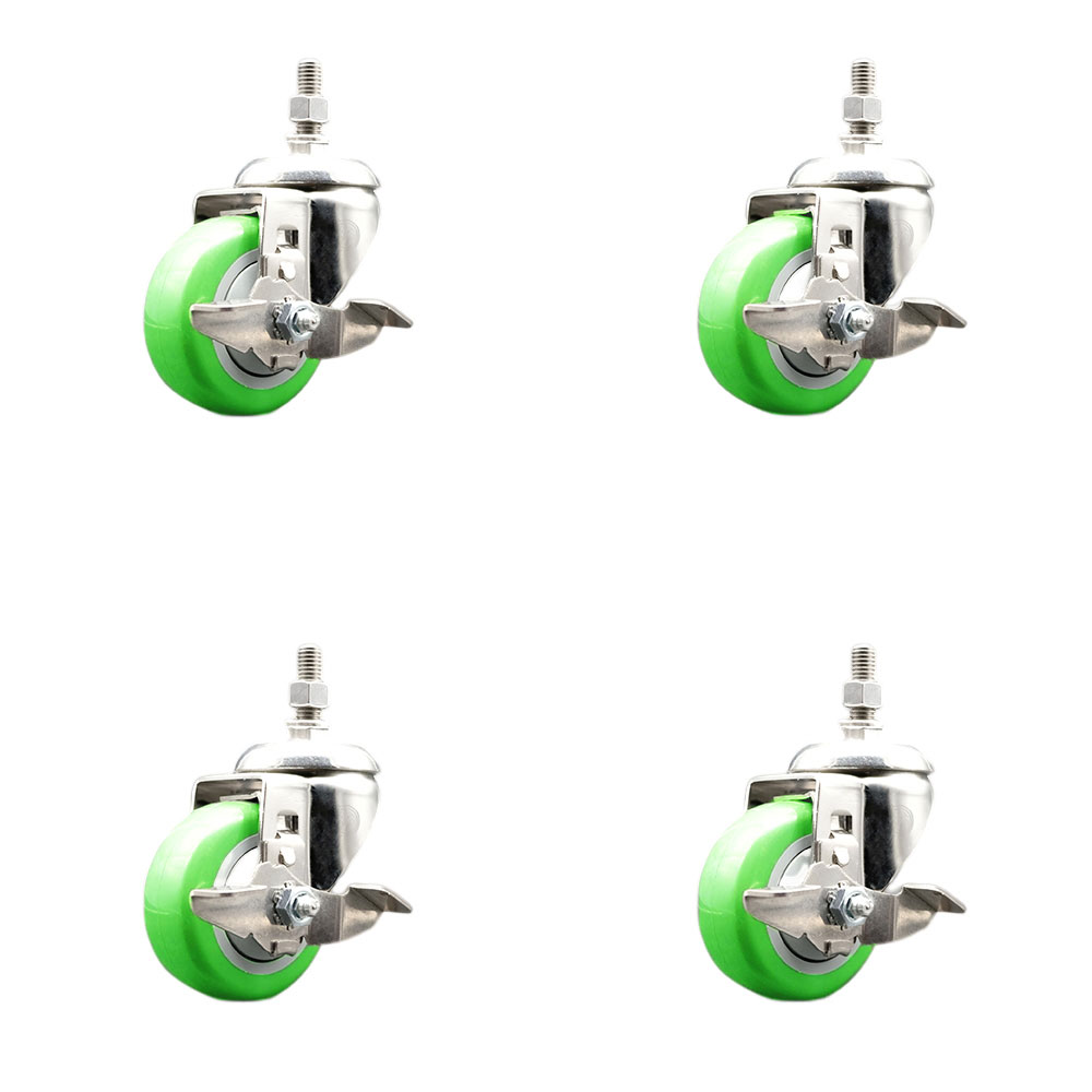 Polyurethane Swivel Stem Caster Set of 4 with 3 Inch Green Caster Wheels - 10mm Metric Threaded Stems - 316 Stainless Steel Casters -Includes 4 Swivel Casters with Top Lock Brakes-Service Caster Brand — photo 1