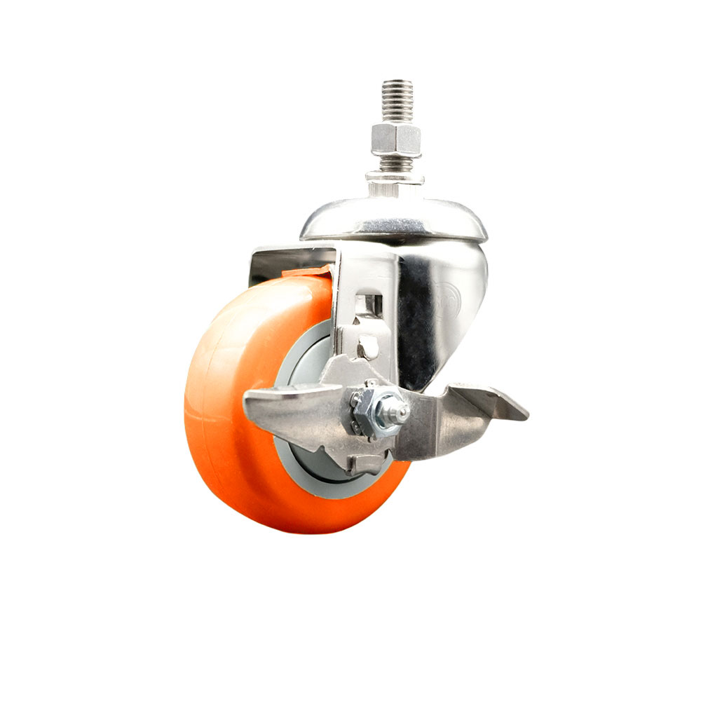 Polyurethane Swivel Stem Caster with 3.5 Inch Orange Caster Wheel and Top Lock Brake - 10mm Metric Threaded Stem - 316 Stainless Steel Caster - 300 lbs. Capacity Per Caster - Service Caster Brand — photo 1
