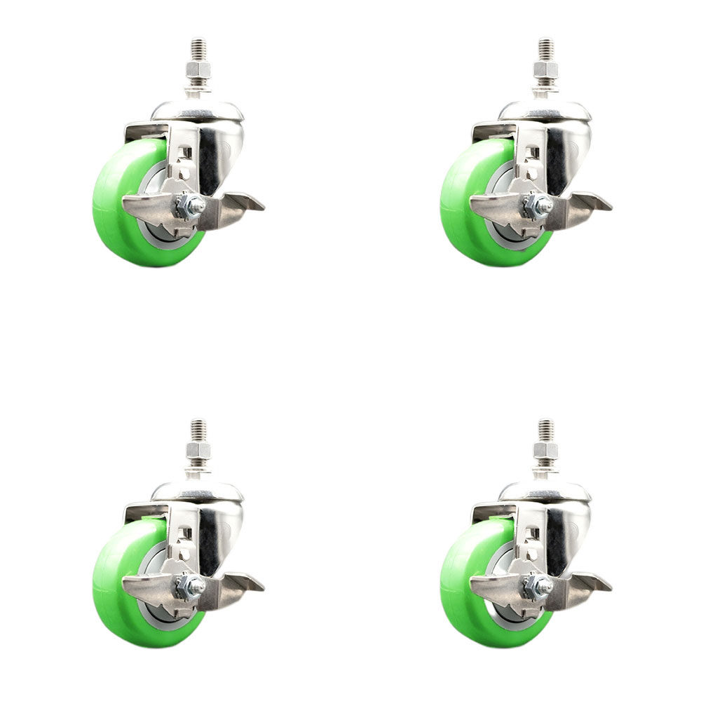 Polyurethane Swivel Stem Caster Set of 4 with 3.5 Inch Green Caster Wheels - 12mm Metric Threaded Stems -316 Stainless Steel Casters-Includes 4 Swivel Casters with Top Lock Brakes-Service Caster Brand — photo 1