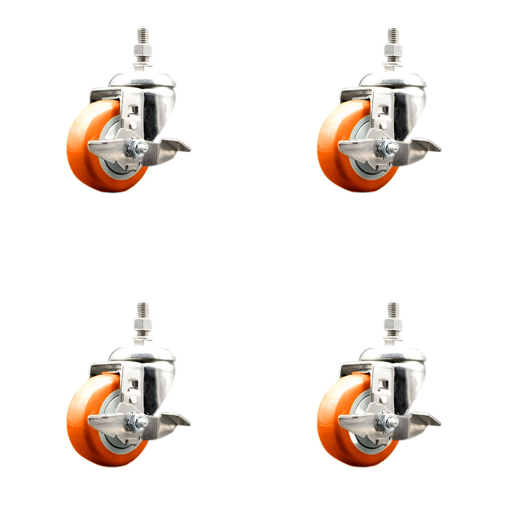 Polyurethane Swivel Stem Caster Set of 4 with 3.5 Inch Orange Caster Wheels - 12mm Metric Threaded Stems-316 Stainless Steel Casters-Includes 4 Swivel Casters with Top Lock Brakes-Service Caster Brand — photo 1