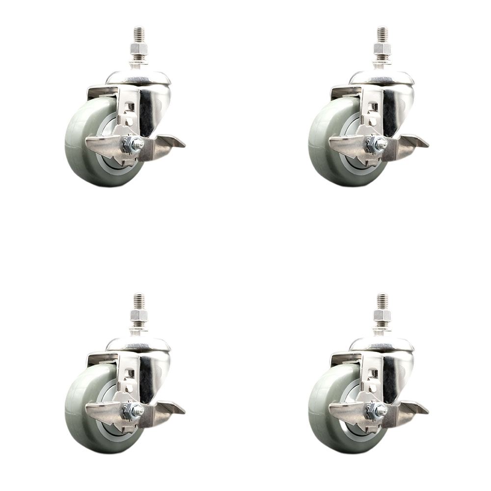 Polyurethane Swivel Stem Caster Set of 4 with 3.5 Inch Gray Caster Wheels - 12mm Metric Threaded Stems -316 Stainless Steel Casters-Includes 4 Swivel Casters with Top Lock Brakes-Service Caster Brand — photo 1