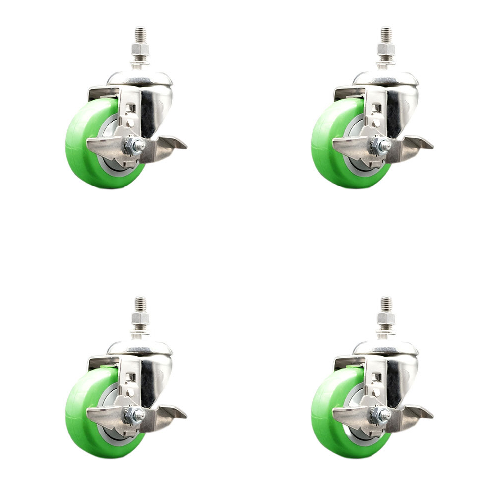 Polyurethane Swivel Stem Caster Set of 4 with 3 Inch Green Caster Wheels - 12mm Metric Threaded Stems - 316 Stainless Steel Casters -Includes 4 Swivel Casters with Top Lock Brakes-Service Caster Brand — photo 1