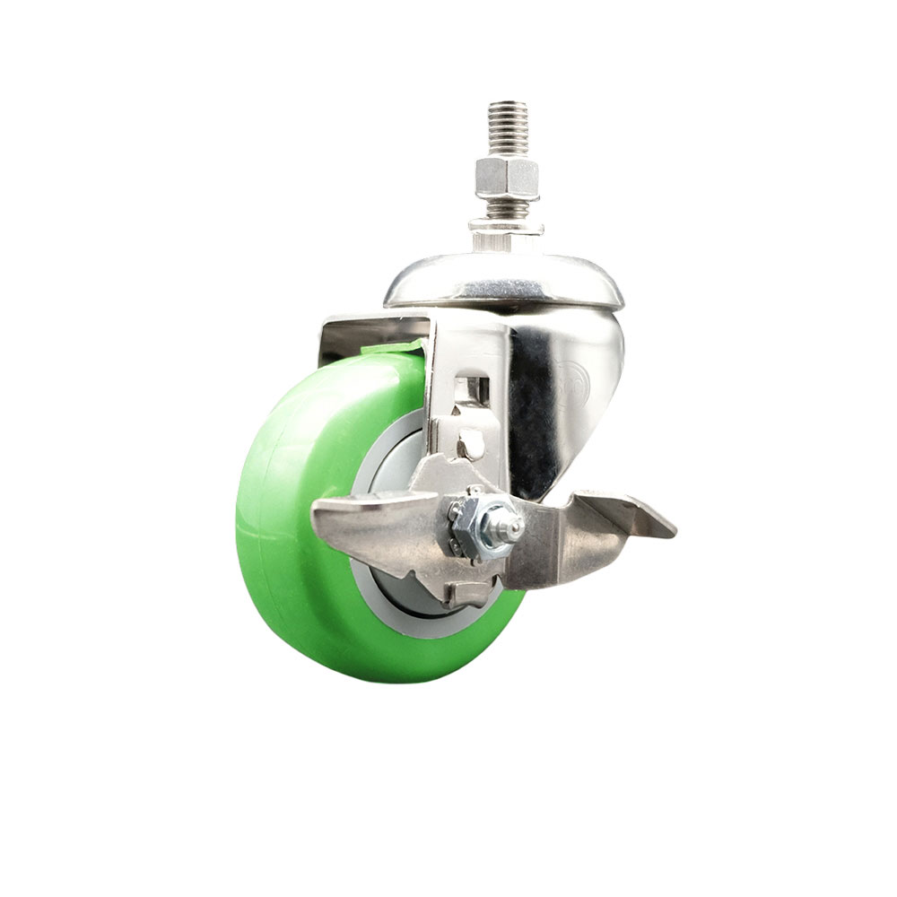 Polyurethane Swivel Stem Caster with 3.5 Inch Green Caster Wheel and Top Lock Brake - 12mm Metric Threaded Stem - 316 Stainless Steel Caster - 300 lbs. Capacity Per Caster - Service Caster Brand — photo 1