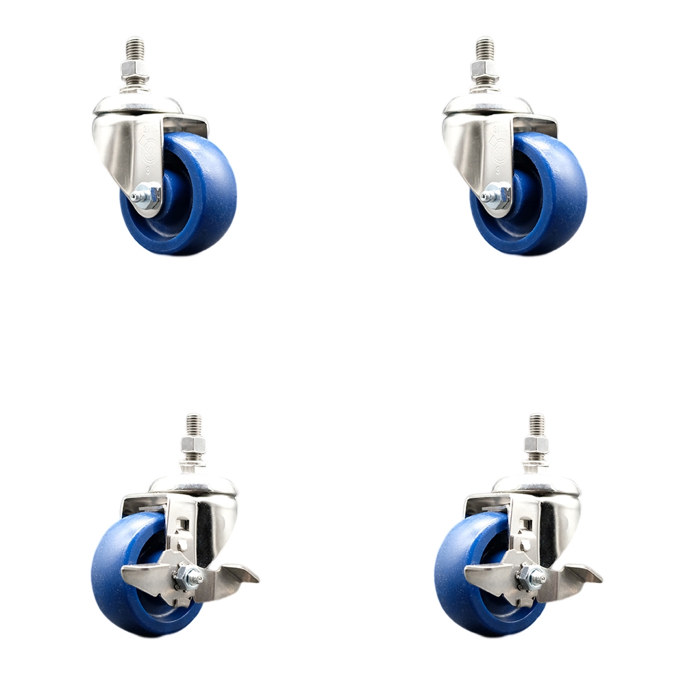 Solid Poly Swivel Stem Caster Set of 4 with 3.5 Inch Caster Wheels - 1/2" Threaded Stems - 316 Stainless Steel Casters- Includes 2 Swivel Casters with Top Lock Brakes and 2 Swivel-Service Caster Brand — photo 1