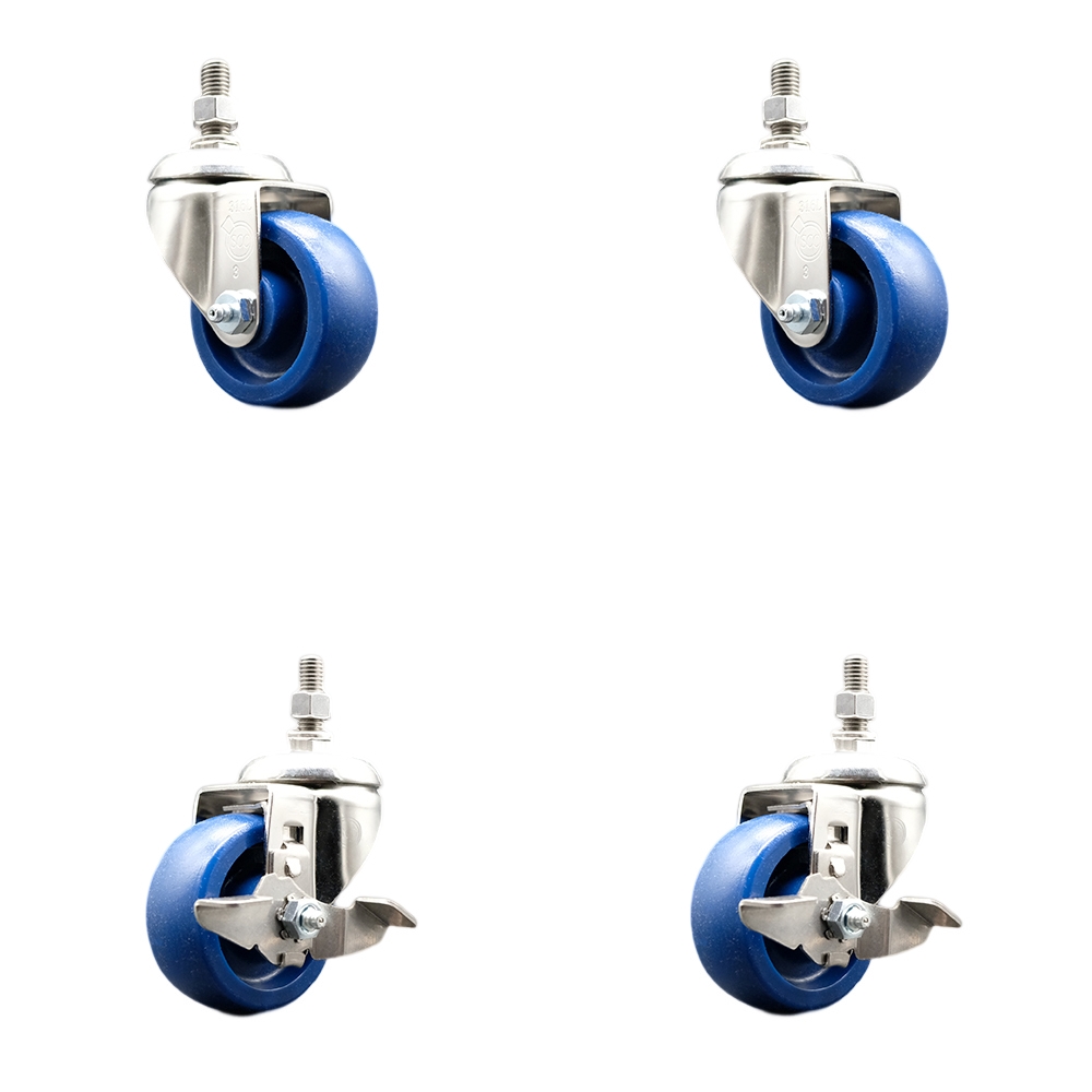 Solid Poly Swivel Stem Caster Set of 4 with 3 Inch Caster Wheels - 3/8" Threaded Stems - 316 Stainless Steel Casters- Includes 2 Swivel Casters with Top Lock Brakes and 2 Swivel - Service Caster Brand — photo 1