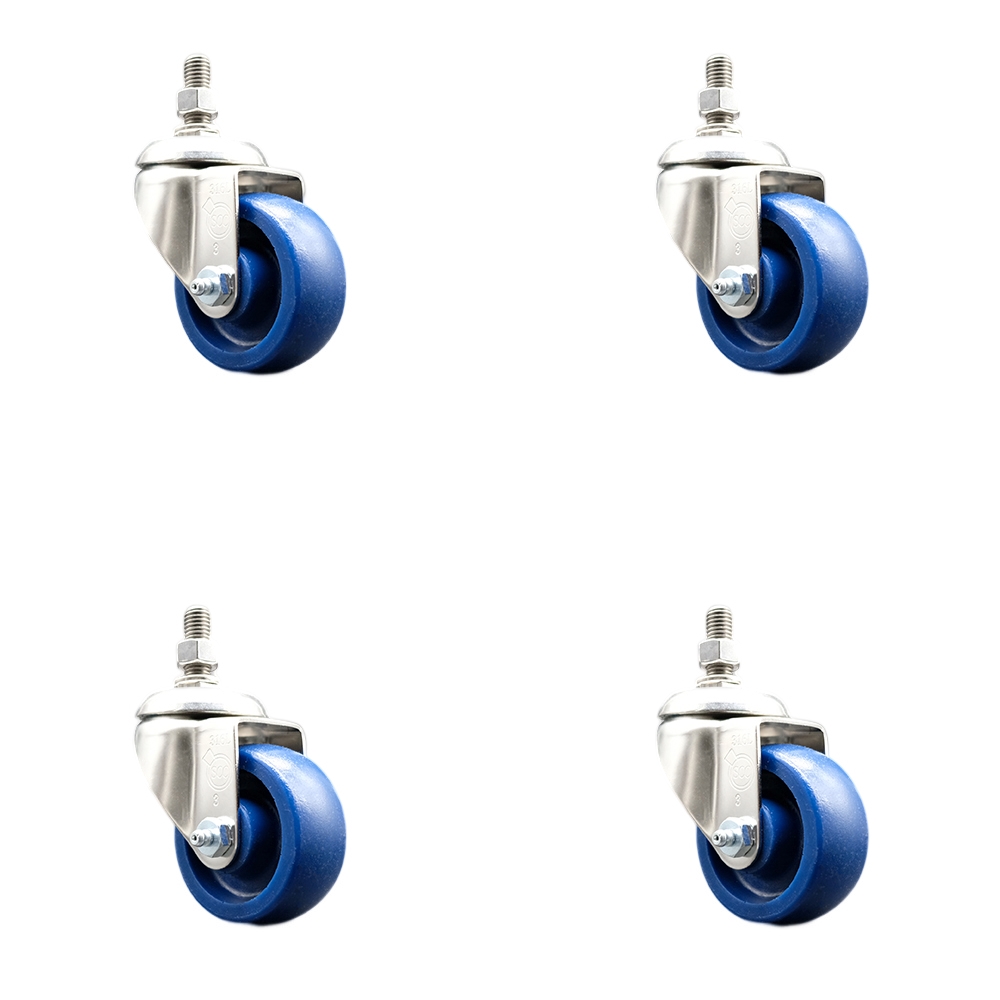 Solid Polyurethane Swivel Stem Caster Set of 4 with 3.5 Inch Caster Wheels - 3/8" Threaded Stems - 316 Stainless Steel Casters - Includes 4 Swivel Casters - Service Caster Brand — photo 1