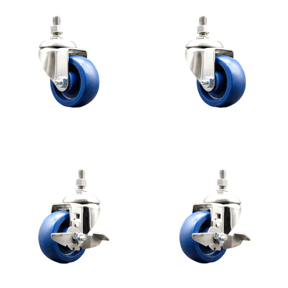 Solid Poly Swivel Stem Caster Set of 4 with 3 Inch Caster Wheels-10mm Metric Threaded Stems-316 Stainless Steel Casters-Includes 2 Swivel Casters with Top Lock Brakes and 2 Swivel-Service Caster Brand — photo 1