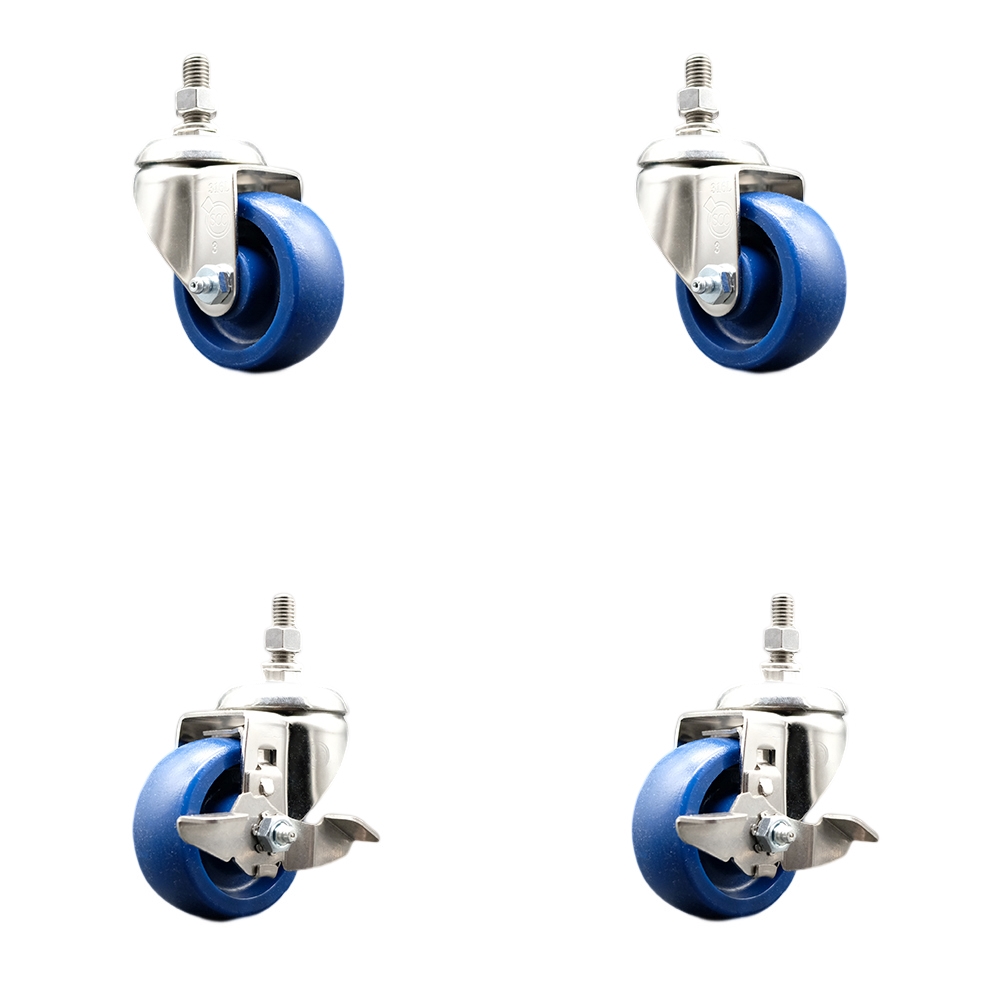 Solid Poly Swivel Stem Caster Set of 4 with 3 Inch Caster Wheels-12mm Metric Threaded Stems-316 Stainless Steel Casters-Includes 2 Swivel Casters with Top Lock Brakes and 2 Swivel-Service Caster Brand — photo 1