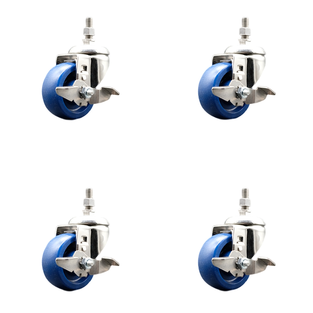 Solid Polyurethane Swivel Stem Caster Set of 4 with 3.5 Inch Caster Wheels - 3/8" Threaded Stems - 316 Stainless Steel Casters - Includes 4 Swivel Casters with Top Lock Brakes - Service Caster Brand — photo 1