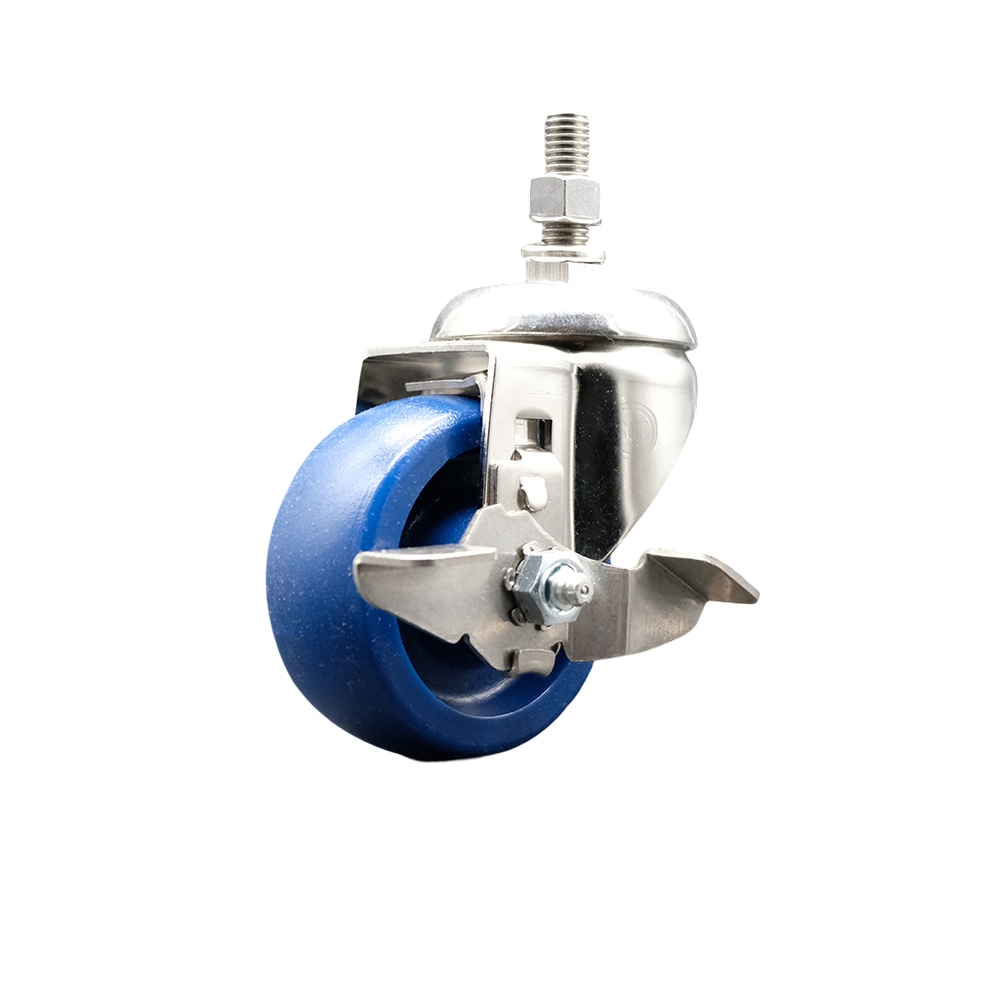 Solid Polyurethane Swivel Stem Caster with 3 Inch Blue Caster Wheel and Top Lock Brake - 3/8" Threaded Stem - 316 Stainless Steel Caster - 300 lbs. Capacity Per Caster - Service Caster Brand — photo 1