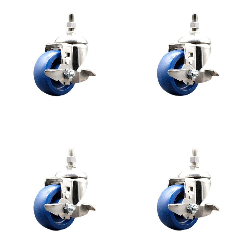 Solid Polyurethane Swivel Stem Caster Set of 4 with 3.5 Inch Caster Wheels - 10mm Metric Threaded Stems -316 Stainless Steel Casters-Includes 4 Swivel Casters with Top Lock Brakes-Service Caster Brand — photo 1