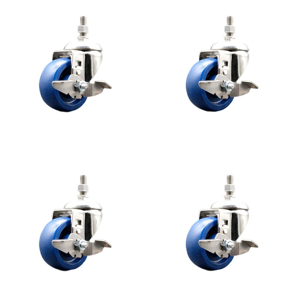 Solid Polyurethane Swivel Stem Caster Set of 4 with 3 Inch Caster Wheels - 12mm Metric Threaded Stems - 316 Stainless Steel Casters -Includes 4 Swivel Casters with Top Lock Brakes-Service Caster Brand — photo 1