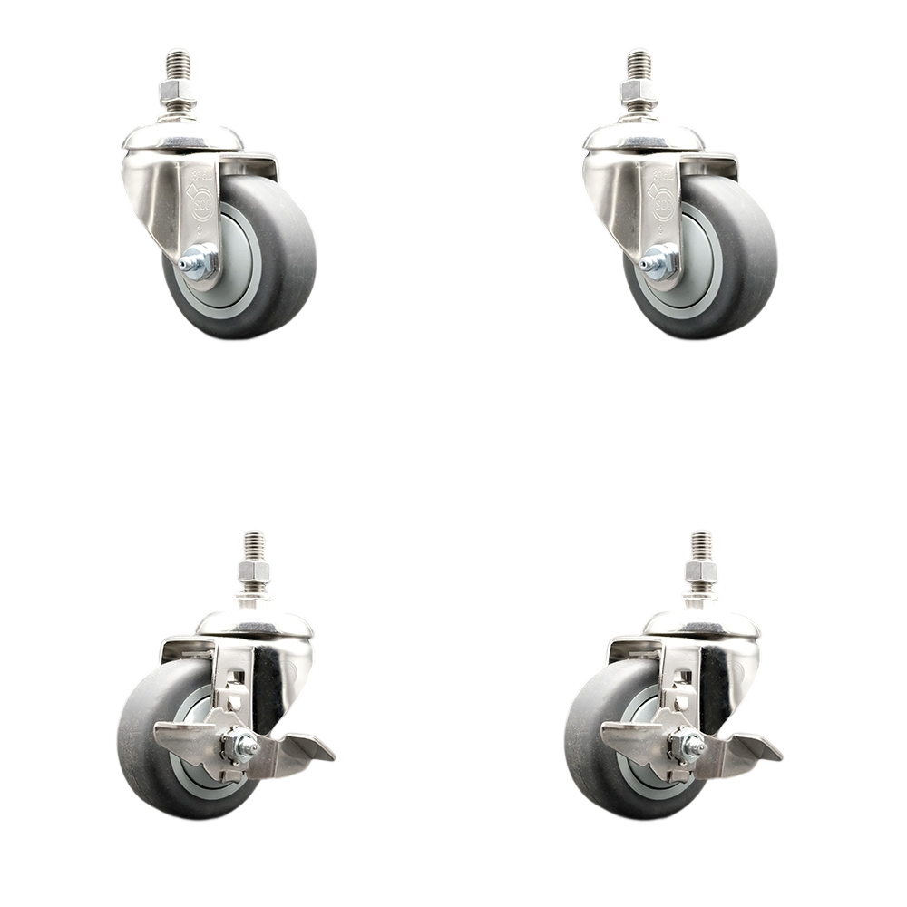 Thermoplastic Rubber Swivel Stem Caster Set of 4 with 3.5 Inch Caster Wheels-1/2" Threaded Stem-316 Stainless Steel Caster-Include 2 Swivel Caster with Top Lock Brake and 2 Swivel-Service Caster Brand — photo 1