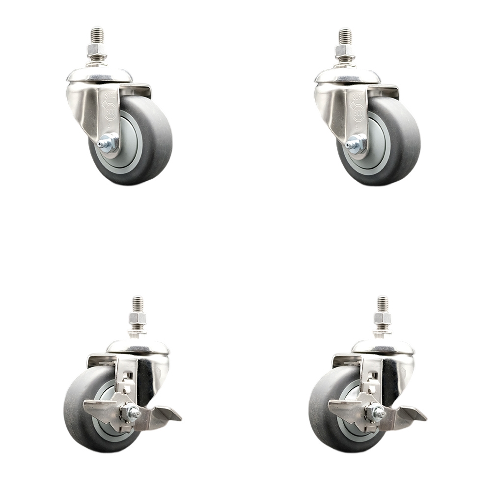 Thermoplastic Rubber Swivel Stem Caster Set of 4 with 3 Inch Caster Wheels-3/8" Threaded Stems-316 Stainless Steel Caster-Include 2 Swivel Casters with Top Lock Brake and 2 Swivel-Service Caster Brand — photo 1