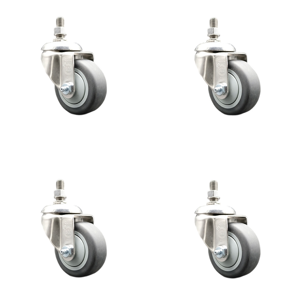 Thermoplastic Rubber Swivel Stem Caster Set of 4 with 3 Inch Caster Wheels - 3/8" Threaded Stems - 316 Stainless Steel Casters - Includes 4 Swivel Casters - Service Caster Brand — photo 1