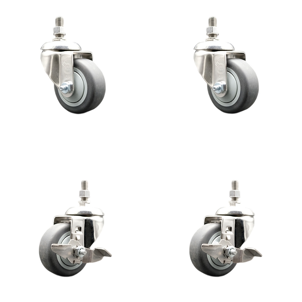 Thermoplastic Rubber Swivel Stem Caster Set of 4 with 3 Inch Caster Wheels-10mm Threaded Stems-316 Stainless Steel Caster-Include 2 Swivel Casters with Top Lock Brake and 2 Swivel-Service Caster Brand — photo 1